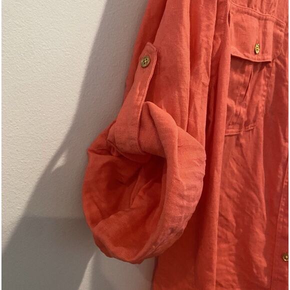 Talbots Top Large L Orange Melon Linen Button Up Roll Tab Lagenlook Boho Coastal - Picture 6 of 14